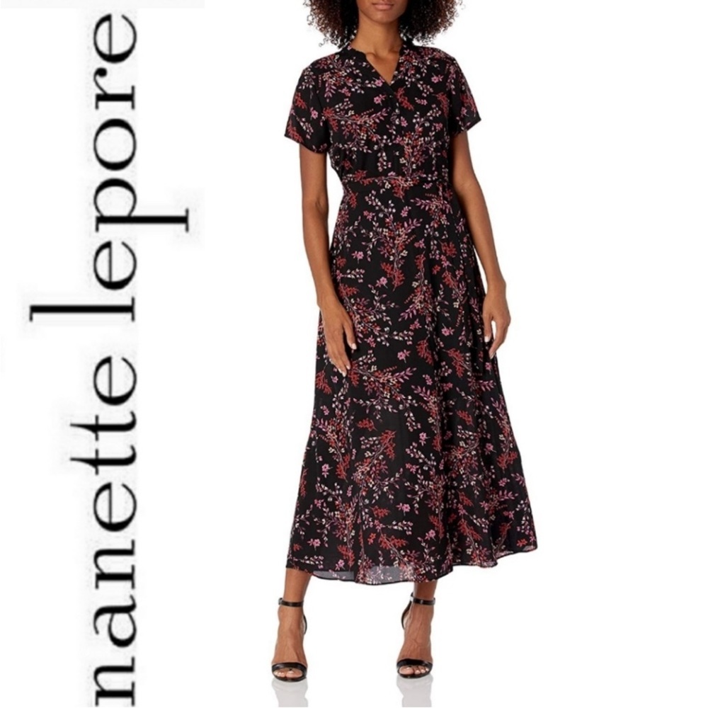 Nanette Lepore Black Floral Chiffon Maxi Shirt Dress Sz 4‎ Small 0380